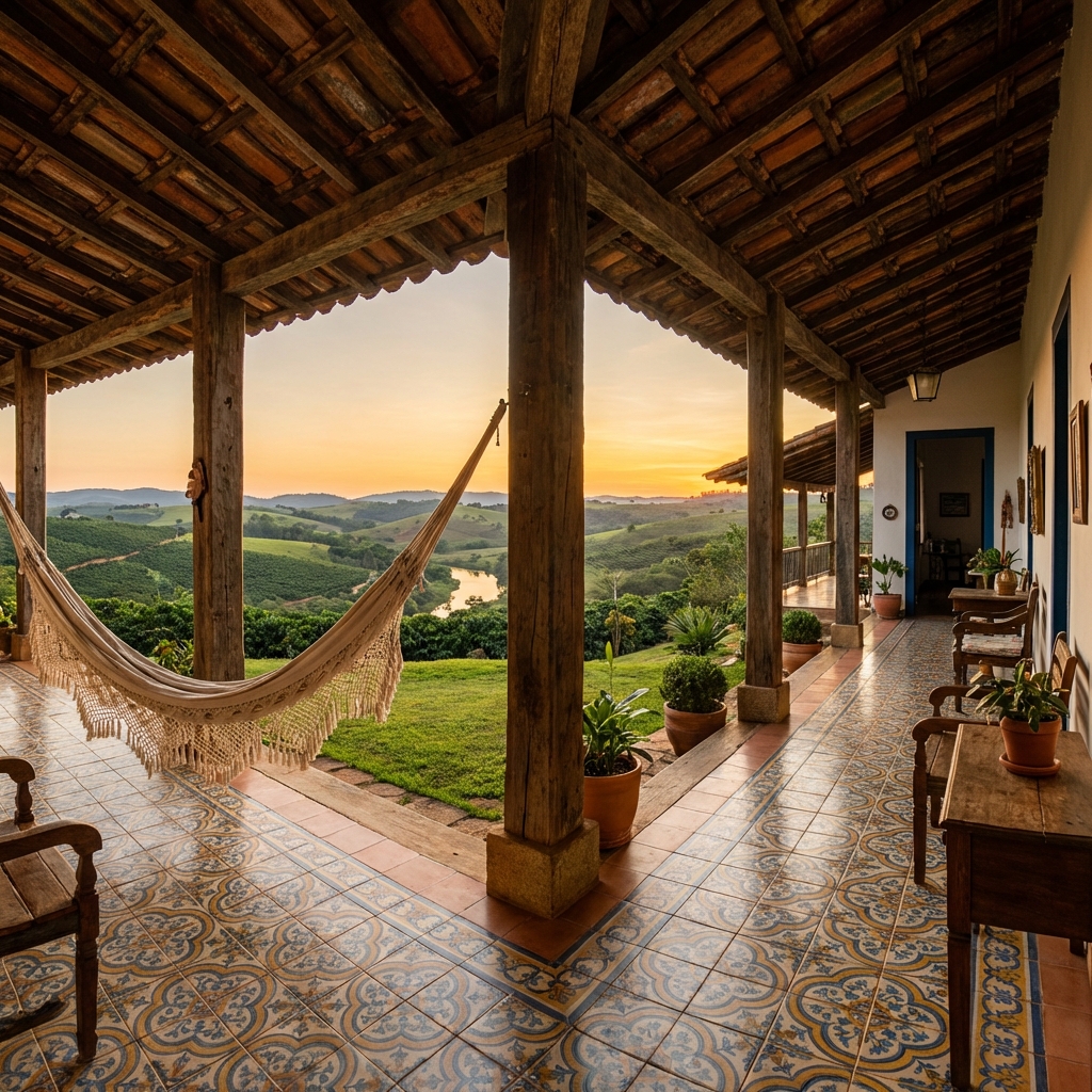 Cenário de fazenda rústico ao pôr do sol